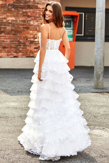 Bianco A-Line Sparkly Paillettes Ruffle Gonna Corsetto Abito da ballo a più livelli con fessura